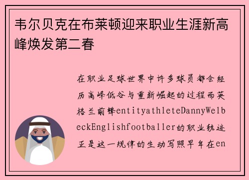 韦尔贝克在布莱顿迎来职业生涯新高峰焕发第二春